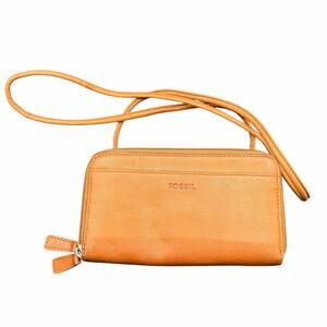 Fossil Leather Wallet Crossbody Tan Zip Around Phone Bag
